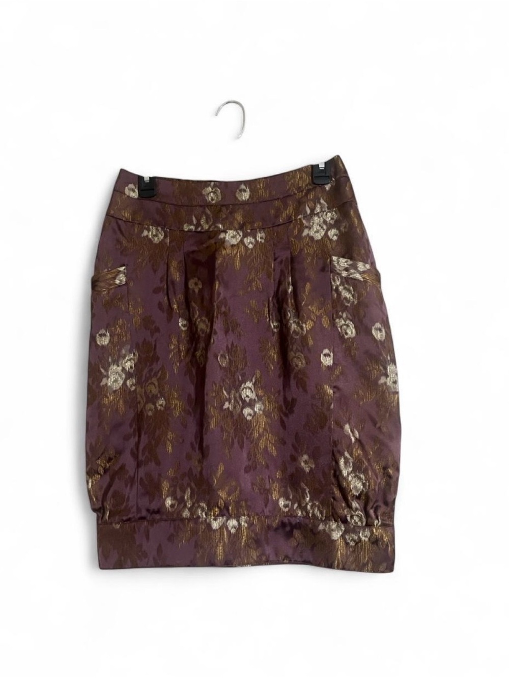 To The Max Skirt Sz 8 Purple Floral Brocade Large Side Pockets Gathered Hem